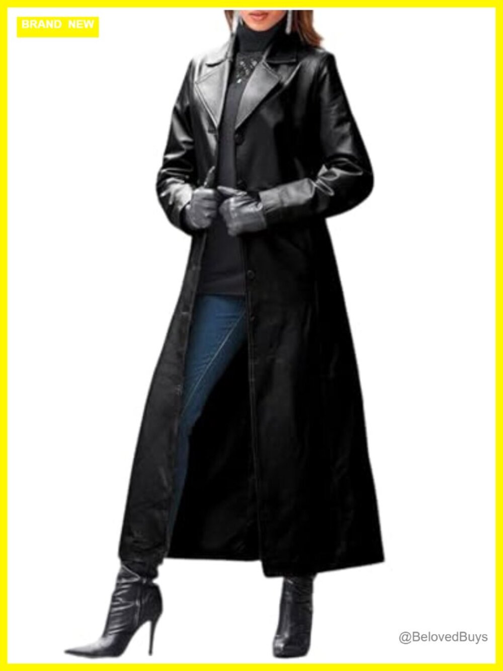 Faux Leather Trench Coat Classic Lapel Button Down Maxi Jacket Overcoat